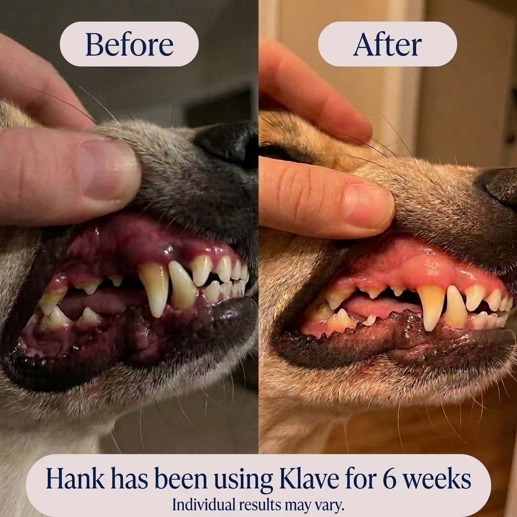Before and after comparison of dog teeth after 6 weeks using Klave Gum Shield water additive
