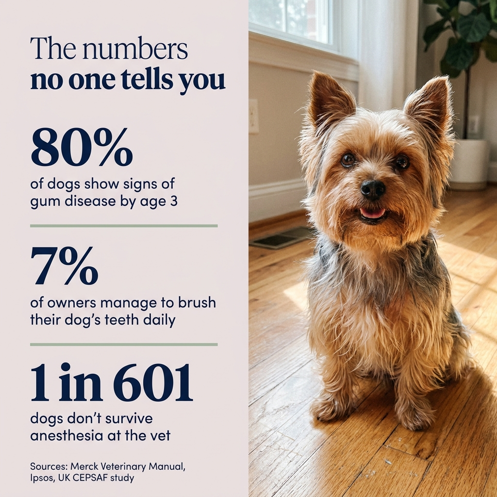 Dog dental health statistics — 80 percent of dogs show gum disease by age 3, only 7 percent of owners brush daily
